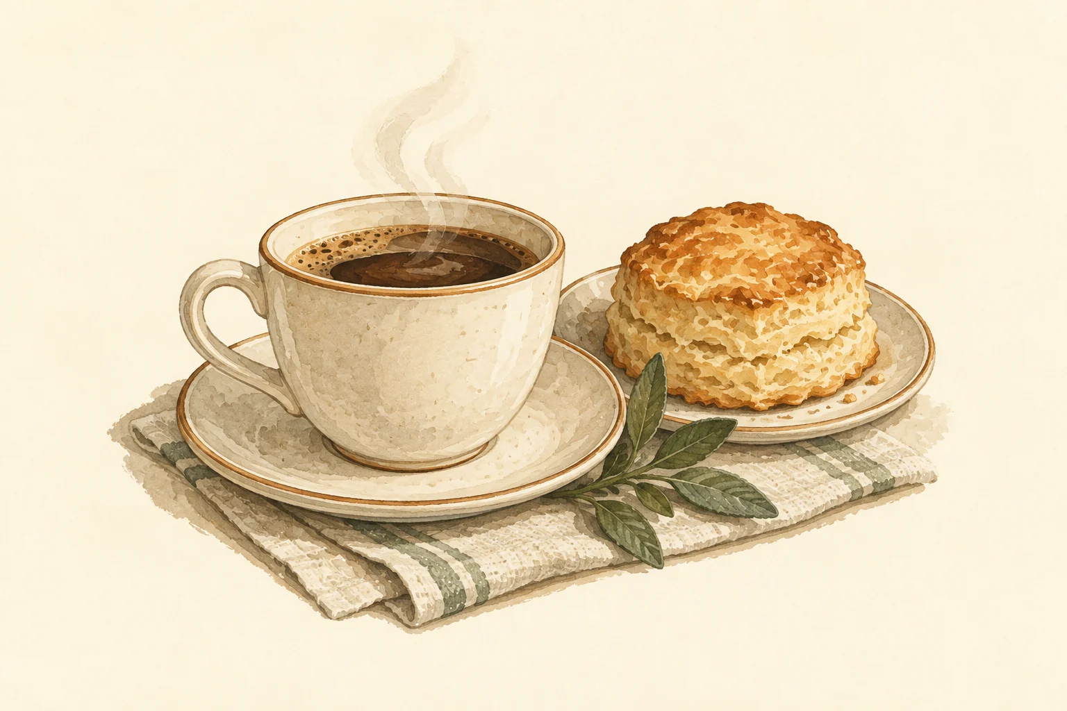 Watercolor illustration of a warm cup of coffee and a buttermilk biscuit